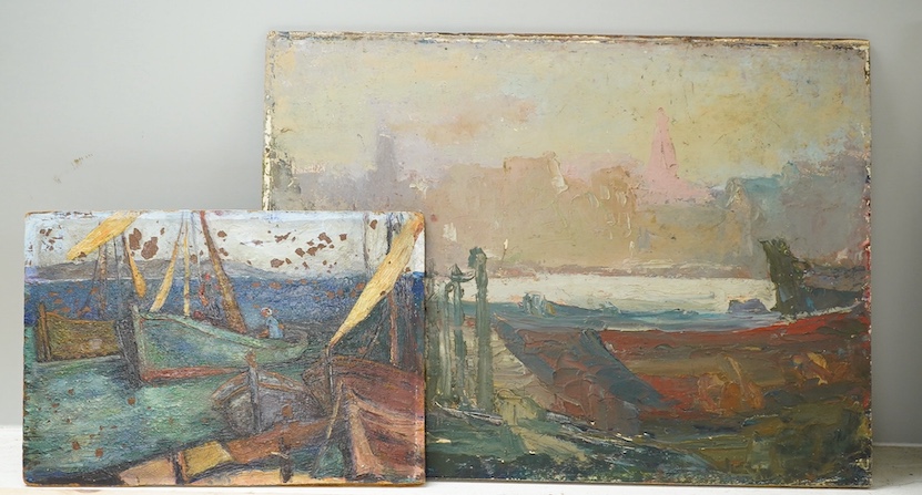 Two modern British oils on board, one by Peter Brannan, Coastal view and another of fishing boats, largest 35 x 40cm, each unframed. Condition - poor